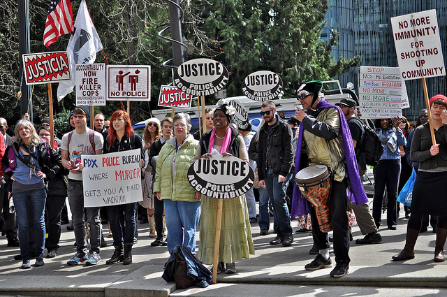 Joanne Hardesty led a march for police accountability last April around City Hall.  Photo by Kendall.