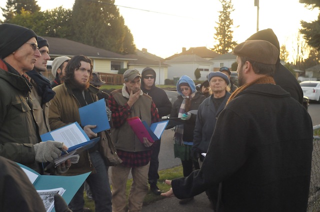 Supporters prepare to canvass residents living on the blocks surrounding Debbie and Ron Austin's house, informing them of the Austins' eviction, what they could do to fight back, and signing them up for the We Are Oregon Rapid Response Network.